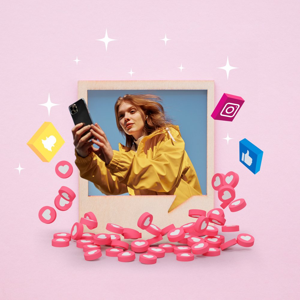 Creator surrounded by Instagram likes and icons